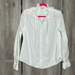 Alex Mill Top White Button Down Shirt Ruffle Neckline Long Sleeves Size M